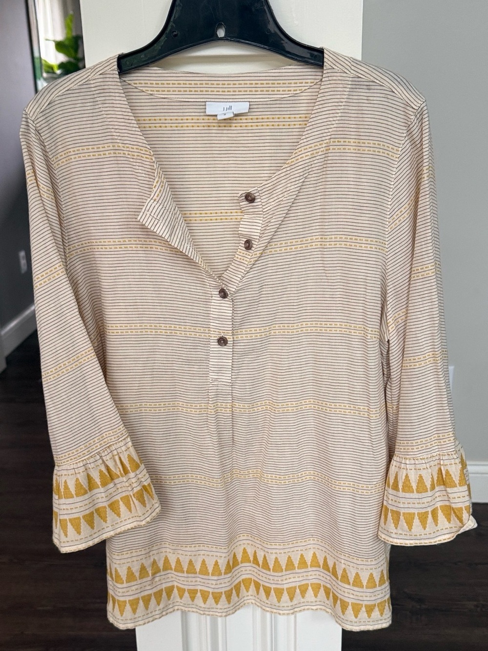 J. Jill Beige and Mustard Organic Cotton Embroidered Henley Tunic Bell Sleeve M